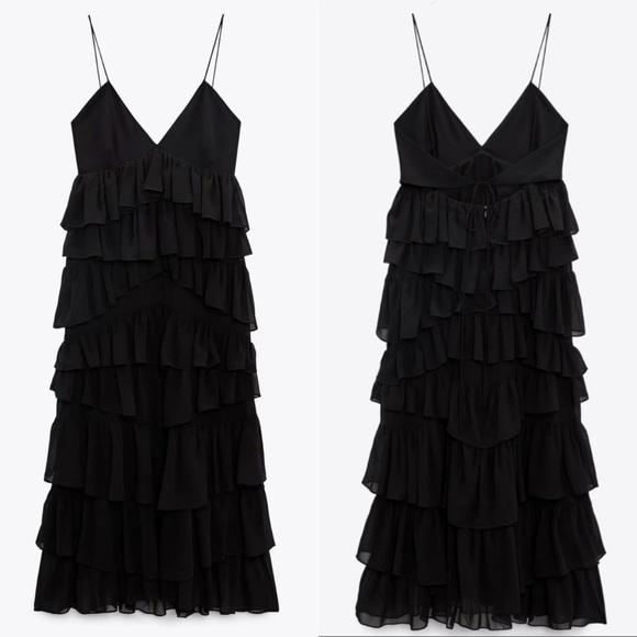 Zara Formal Ruffle Midi Dress in Black - Size M - Picture 7 of 7